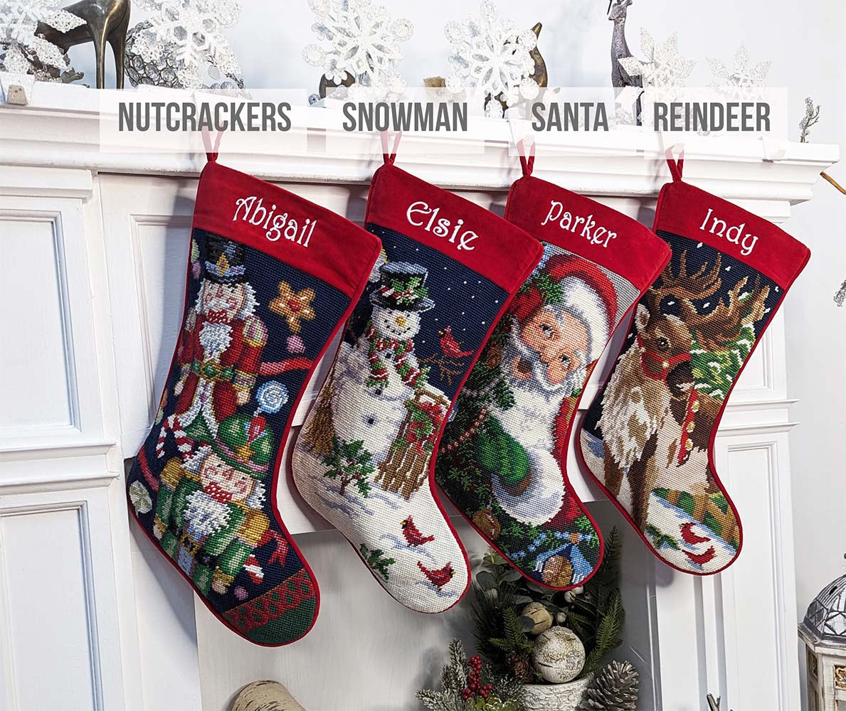 Needlepoint Christmas Stockings Personalized Santa Nutcracker Reindeer Snowman Old World Finished Embroidered Stockings with Names