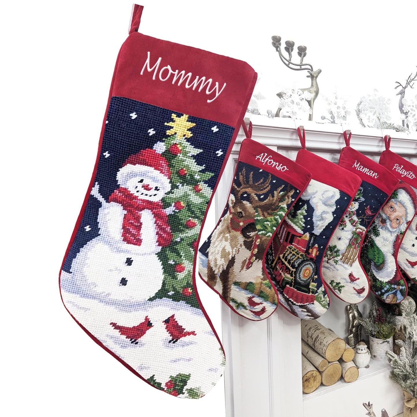 Needlepoint Christmas Stockings Personalized Santa Nutcracker Reindeer Snowman Old World Finished Embroidered Stockings with Names