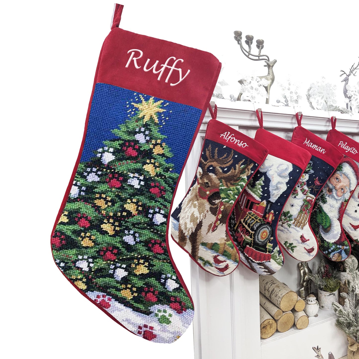 Needlepoint Christmas Stockings Personalized Santa Nutcracker Reindeer Snowman Old World Finished Embroidered Stockings with Names