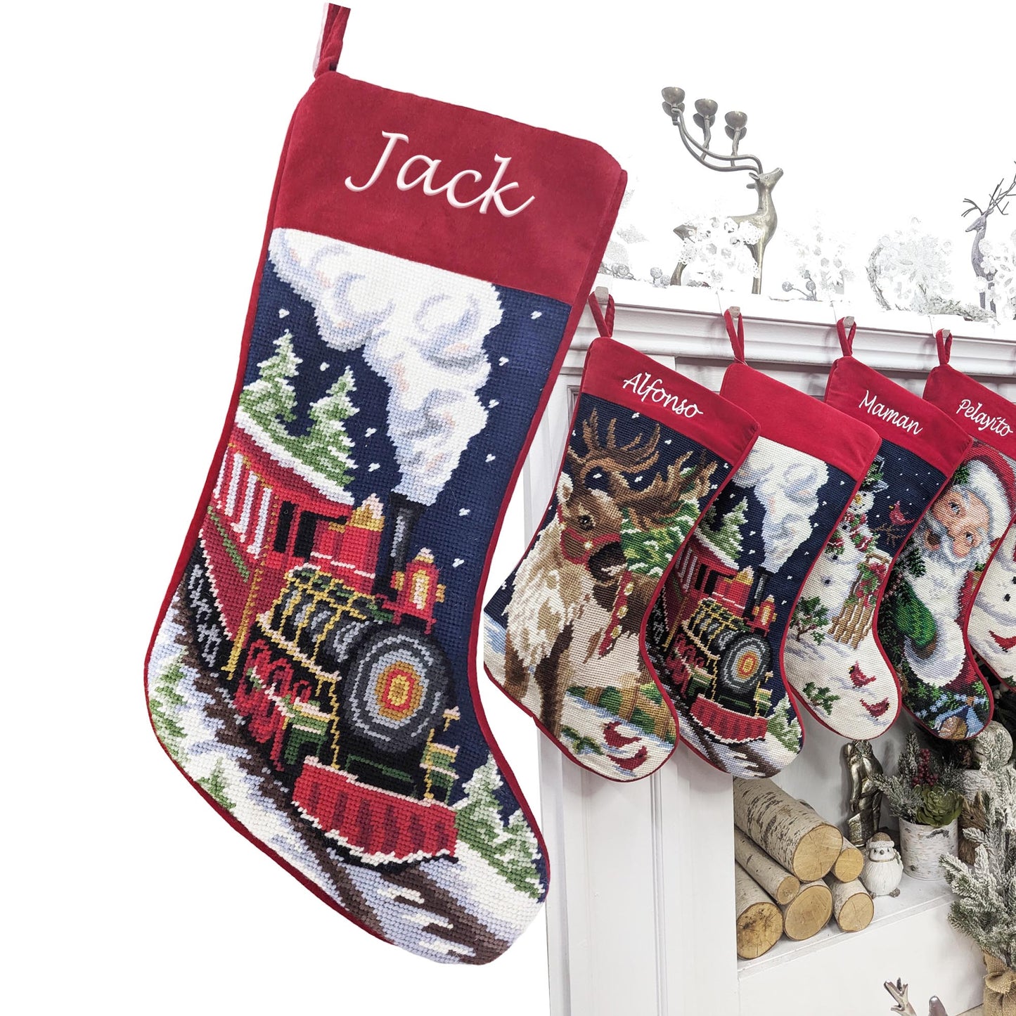 Needlepoint Christmas Stockings Personalized Santa Nutcracker Reindeer Snowman Old World Finished Embroidered Stockings with Names