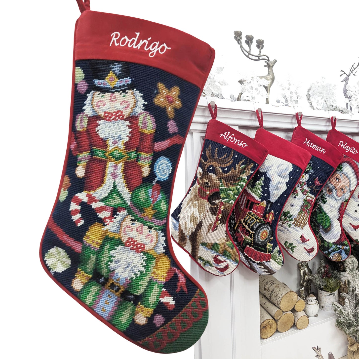 Needlepoint Christmas Stockings Personalized Santa Nutcracker Reindeer Snowman Old World Finished Embroidered Stockings with Names